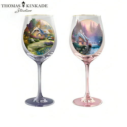 The Bradford Exchange Simple Joys Wine Glass Lights of Home Set of 2 14-Ounce Glasses Full-Color Artwork Gleaming 12K-Gold Rims Uplifting Colors Inspired by Artwork Hand-Applied Art with Triple-Firing Process by Thomas Kinkade 9-inches - RCE Global Solutions