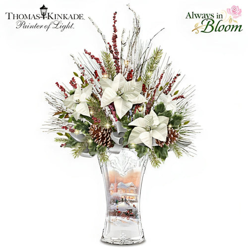 The Bradford Exchange Thomas Kinkade Victorian Christmas Floral Table Centerpiece Decoration Genuine Crystal Artwork Vase Always in Bloom® Poinsettias Handcrafted Floral Arrangement  LED Lit 19-Inches