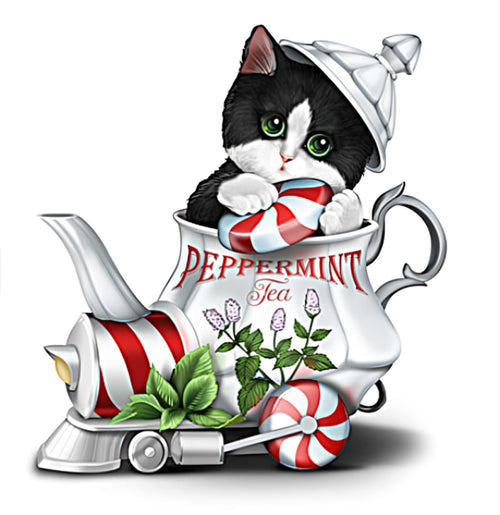 The Hamilton Collection Pep Purr Mint Tea Cute-Tea Express Cat Figurine Collection Issue #1 Handcrafted Hand Painted by Kayomi Harai 3.5-inches