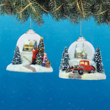 Load image into Gallery viewer, The Bradford Exchange Joy To The World Christmas Ornament Set #4 2 Piece Lighted Glass Globe with Snowy Holiday Home Scenes Holiday Home Decor by Thomas Kinkade 3-inches
