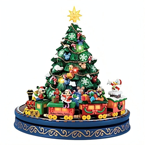 The Bradford Exchange Disney Mickey and Friends Christmas Tree with Lights Music Rotating Train & Snowflake Projection Handcrafted Holiday Decor Tabletop 8-inches