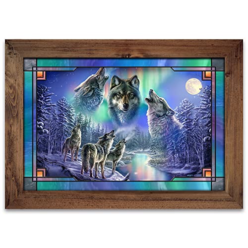 The Bradford Exchange Aurora Borealis Illuminated Stained Glass Wall Decor Featuring Wolf Art With A Dramatic Built-In Lighting Effect Of Color Changing Violet, Green & Blue Lights by James Meger 20-inches - RCE Global Solutions