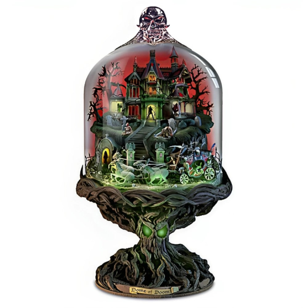 The Bradford Exchange Dome Of Doom Light-Up Haunted House Sculpture Handcrafted Hand-painted Encase in Clear Glass with Skull Topper Gnarled Tree Base Halloween Decor 11-inches - RCE Global Solutions