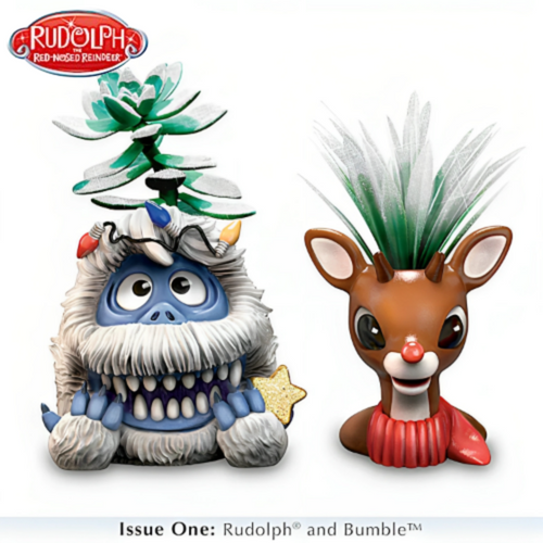 The Bradford Exchange Rudolph and Bumble Charming Character Pots Filled with Holiday Cheer Handcrafted and Hand-Painted Artificial Succulent Sculptures Rudolph the Red-Nosed Reindeer Succulent Collection Issue #1 Christmas decoration 5.75-inches