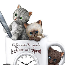 Load image into Gallery viewer, The Hamilton Collection &quot;Coffee With Fur-iends&quot; Sculptural Table Clock With Cat Art of Kayomi Harai 7.5-inches - RCE Global Solutions
