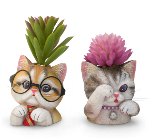 The Bradford Exchange Gus Bella Purr-fect Planters Sculpture Collection Issue #5 Set of 2 Handcrafted Cat Planters with Lifelike Artificial Succulents by Kayomi Harari 4-inches