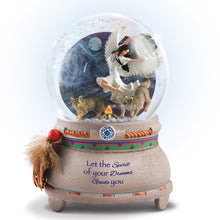 Load image into Gallery viewer, The Bradford Exchange Mystical Dreams Illuminated Musical Glitter Globe Collection Issue #3 "Twilight Dreamer" Wolf Maiden Snow Globe Handcrafted Decor with LED Lights by Robin Koni 5-Inches
