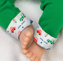 Load image into Gallery viewer, The Ashton-Drake Galleries Zoom Zoom Accessory Set That Fits Baby Dolls Featuring A Green Hoodie &amp; Matching Pair of Sweatpants Accented with an All Over Car Print - RCE Global Solutions
