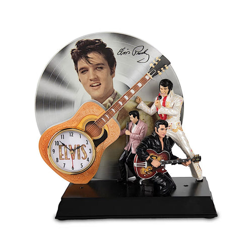 The Hamilton Collection Forever Elvis Tabletop Clock Illuminated Sculptural Elvis Presley Tribute with 3 Career Stages, Resin Figurine Clock, 45 RPM Record Display and Stage Lighting 9 -Inches