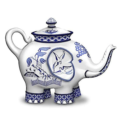 The Hamilton Collection Steeped in Romance Elephant Teapot Figurine A Timeless Blue Willow Treasure Elegantly Handcrafted & Hand Painted with Faceted Faux Gems 4.75-inches - RCE Global Solutions