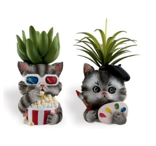 The Bradford Exchange Ebert Vincent Purr-fect Planters Sculpture Collection Issue #10 Set of 2 Handcrafted Cat Planters with Lifelike Artificial Succulents by Kayomi Harari 4-inches - RCE Global Solutions