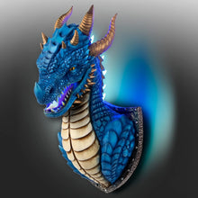 Load image into Gallery viewer, The Bradford Exchange Mystic Legends Illuminated Dragon Collection Bahamut Wall Sculpture Blue Dragon Head Bust Hand-Painted Fantasy Wall Art with Glowing LED Mouth and Spine Shield Mount 9-inches
