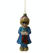 Load image into Gallery viewer, The Ashton-Drake Galleries Classic Mrs. Beasley Blown Glass Ornament Collection Issue #18: Mrs. Beasley With Stocking Celebrating 55 Years of Family Affair Hand-Painted with Golden Glitter Accents Christmas Decor 6-inches
