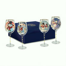 Load image into Gallery viewer, The Bradford Exchange Holiday Cheer Wine Glasses Set of Four 14 Ounce Hand Applied 12K Gold Rims &amp; Golden Snowflakes Hand Sprinkled Christmas Decoration by Dona Gelsinger 9-inches
