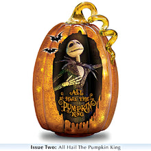 Load image into Gallery viewer, The Bradford Exchange Disney Tim Burton's Nightmare Before Christmas Illuminated Glass Pumpkin Sculpture Collection Issue #2 All Hail the Pumpkin King With Authentic Movie Character Artwork, LED lights, Glitter Accents Halloween Decor 9-inches
