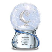 Load image into Gallery viewer, The Bradford Exchange Friend I Love You to the Moon and Back Musical Glitter Globe Heartwarming Friendship Gift with Sparkling Pavé-Style Crystals Unique Open Heart Dangle Celestial Blue Accents and Sentimental Melody &#39;Always in My Heart&#39; 6-inches - RCE Global Solutions
