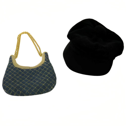 The Ashton-Drake Galleries Delilah's Favorite Finishing Touches Accessory Pack Stylish Black Suede Newsboy Hat and Sophisticated Denim Purse with Gold Accents - RCE Global Solutions