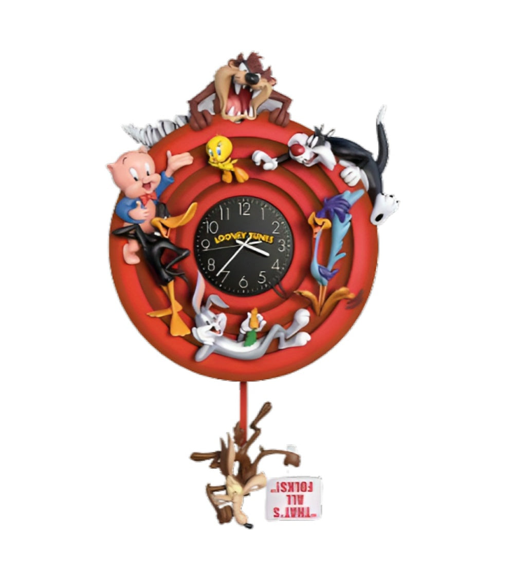 The Bradford Exchange Looney Tunes Sculptural Wall Clock Hand-cast & Intricately Sculpted Heirloom Quality with Eight Iconic Characters, Time-Intensive Hand-Painting & Quaint 'That's All Folks!' Pendulum 16-Inches - RCE Global Solutions