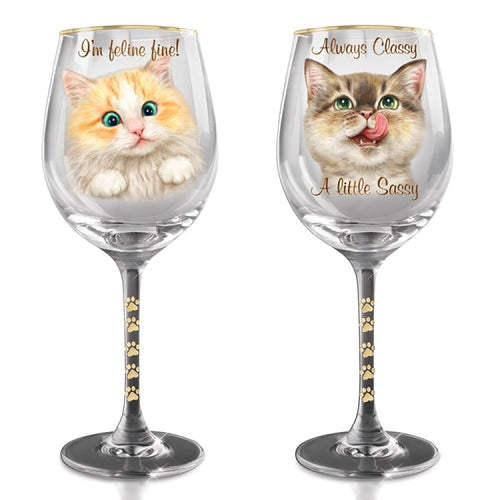 The Bradford Exchange I'm Feline Fine from The Sassy Cat Wine Glass Collection Set of 2 Featuring Feline Artistry by Kaomi Harai 9-inches - RCE Global Solutions
