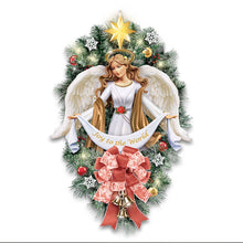 Load image into Gallery viewer, The Bradford Exchange Heavenly Angel Wreath Pre-Lit Teardrop Christmas Wreath with Sculpted Angel LED Lights 24-Hour Timer Joy to the World Banner Religious Christmas Decor 24-Inch
