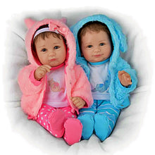 Load image into Gallery viewer, The Ashton-Drake Galleries Built-In Best Friends Twin Baby Collectible Doll Set Realistic Dolls with Hand-Painted RealTouch® Vinyl Skin Poseable Soft Hand-Rooted Hair Cozy Faux Fur Jackets with Puppy and Kitty Outfits by Ping Lau 15-inches
