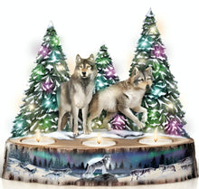 Load image into Gallery viewer, The Bradford Exchange The Guardians of the Night Votive Wolves Centerpiece Handcrafted &amp; Hand-painted Decorative Illuminated Sculpture 8-inches
