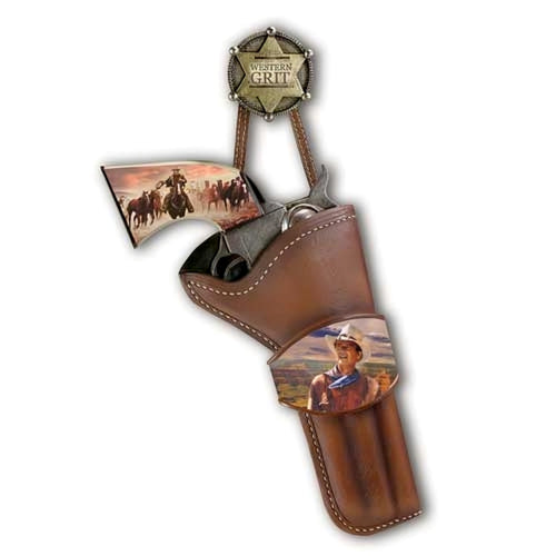 The Bradford Exchange John Wayne Western Replica Pistol Wall Décor Art Issue #13: Western Grit Sculpture Hand-painted with Leather Straps 12-inches