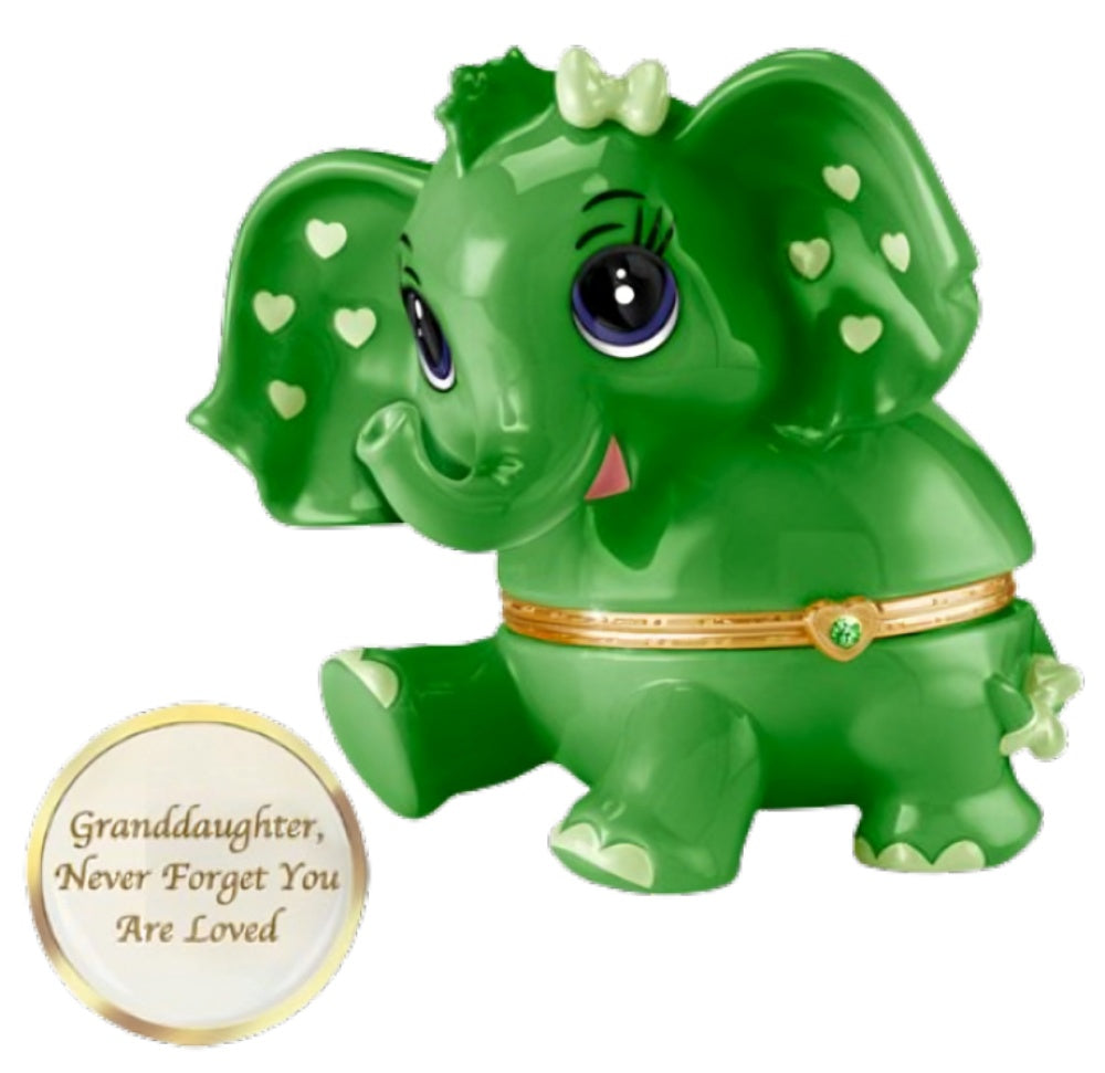 The Bradford Exchange Granddaughter, Never Forget You Are Loved Birthstone Music Box Collection Issue #5: May Heirloom Porcelain Elephant with Swarovski Crystal and Plays 