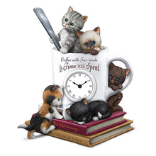 Load image into Gallery viewer, The Hamilton Collection &quot;Coffee With Fur-iends&quot; Sculptural Table Clock With Cat Art of Kayomi Harai 7.5-inches - RCE Global Solutions
