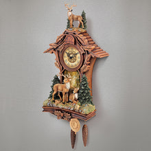 Load image into Gallery viewer, The Bradford Exchange Whitetail Gathering Handcrafted Nature Wall Cuckoo Clock With Sculpted Deer Topped By a 10 Point Buck Sculpture Swinging Metal Pendulum and Pine Cone Weights 24&quot;-Inches - RCE Global Solutions
