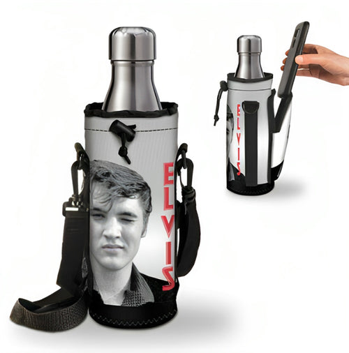 The Bradford Exchange Elvis Bottle With Carrier The King of Rock N Roll Water Bottle Carrier with Back Zip Around Pocket Includes a FREE Stainless Steel Water Bottle 8-inches