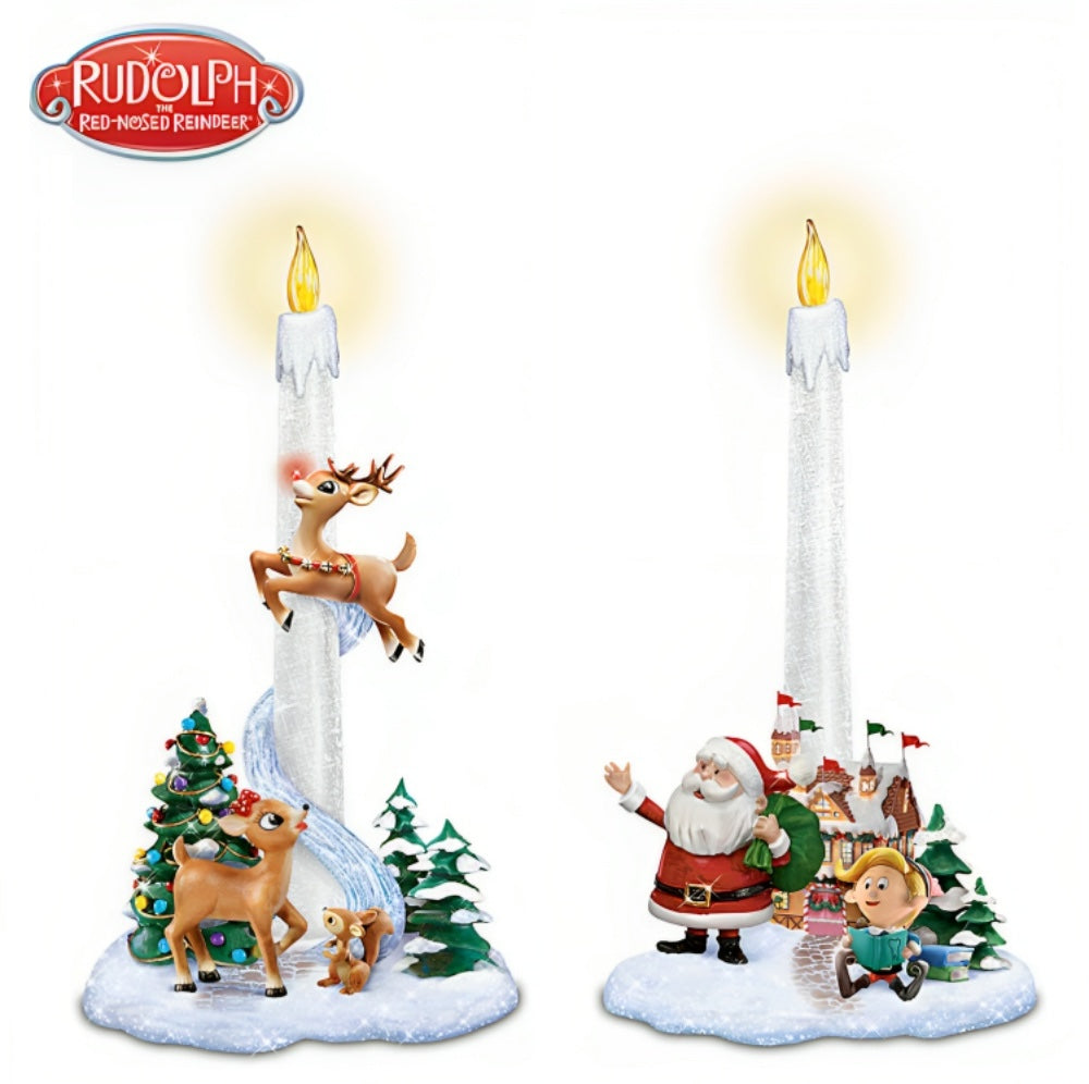 The Bradford Exchange Rudolph 'Santa's Guiding Light' Flameless Candle Set - Rudolph The Red-Nosed Reindeer Christmas Decorations Set of 2 - 9-Inches