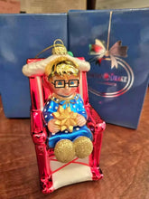 Load image into Gallery viewer, The Ashton-Drake Galleries Mrs. Beasley Glass Ornament Issue #11: Rock-A-Bye Mrs. Beasley Blown Glass Christmas Ornament Celebrating 55 Years of &quot;Family Affair&quot; Hand-Painted with Golden Glitter Accents Collector’s Edition 6-Inches
