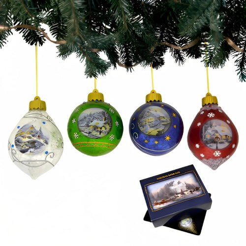The Bradford Exchange Light Up the Season Luminary Glass Ornament Issue #5 Set of 4 Christmas Decoration by Thomas Kinkade