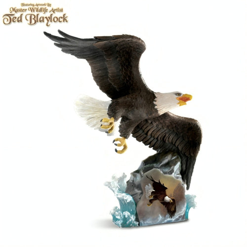 The Bradford Exchange Coastal Hunter Winged Protectors Sculpture Collection Issue #2 Majestic Eagle Swooping for Salmon Handcrafted Sculpture with Full-Color Image by Ted Blaylock 10-inches - RCE Global Solutions