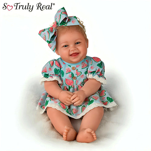 The Ashton-Drake Galleries Sweet Summer Smiles Baby Doll Handcrafted Realistic Doll with RealTouch® Vinyl Skin Hand-Rooted Hair Weighted Cloth Body and Watermelon-Print Outfit from Sweet Summer Memories Annual Collection by Ping Lau 16.5"