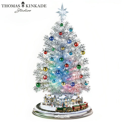 The Bradford Exchange Thomas Kinkade Silver Blessings Christmas Tree Handcrafted Tabletop Decoration With Color Changing Lights 30 Ornaments And a Holiday Village Encircled By a Moving Train Plays 8 Holiday Carols 17"