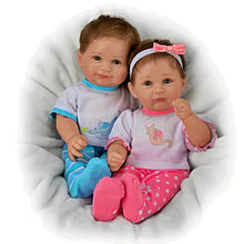 Load image into Gallery viewer, The Ashton-Drake Galleries Built-In Best Friends Twin Baby Collectible Doll Set Realistic Dolls with Hand-Painted RealTouch® Vinyl Skin Poseable Soft Hand-Rooted Hair Cozy Faux Fur Jackets with Puppy and Kitty Outfits by Ping Lau 15-inches
