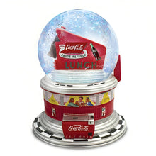 Load image into Gallery viewer, The Bradford Exchange COCA-COLA Rocking and Rolling Glitter Globe 1950s Nostalgia Collectible with Illuminating Neon Sign Classic Contoured Bottle and Diner-Inspired Base Expertly Handcrafted Plays Hit 50&#39;s Tune 6&quot; W x 8&quot; H - RCE Global Solutions
