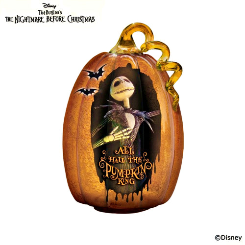 The Bradford Exchange Disney Tim Burton's Nightmare Before Christmas Illuminated Glass Pumpkin Sculpture Collection Issue #2 All Hail the Pumpkin King With Authentic Movie Character Artwork, LED lights, Glitter Accents Halloween Decor 9-inches