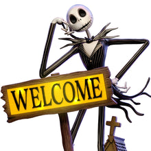 Load image into Gallery viewer, The Bradford Exchange Disney The Nightmare Before Christmas Jack Skellington and Zero Hand Sculpted Welcome Sign With Built In Solar Panel UV and Water Resistant 16&quot;-Inches - RCE Global Solutions
