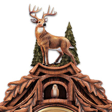 Load image into Gallery viewer, The Bradford Exchange Whitetail Gathering Handcrafted Nature Wall Cuckoo Clock With Sculpted Deer Topped By a 10 Point Buck Sculpture Swinging Metal Pendulum and Pine Cone Weights 24&quot;-Inches - RCE Global Solutions
