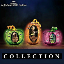 Load image into Gallery viewer, The Bradford Exchange Disney Tim Burton's Nightmare Before Christmas Illuminated Glass Pumpkin Sculpture Collection Issue #3 Scaring is My Business With Authentic Movie Character Artwork, LED lights, Glitter Accents Halloween Decor 9-inches
