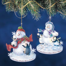 Load image into Gallery viewer, The Bradford Exchange Dona Gelsinger The Warmth of Christmas Ornament Collection Issue #2 Illuminated Snowman with Penguin Pals Set of 2 4.5-inches - RCE Global Solutions
