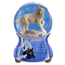 Load image into Gallery viewer, The Bradford Exchange Musical Spirits Within Glitter Globe Collection Issue #10: Spirit Of The Pack Hand-Painted Wolf Sculpture with Heirloom Porcelain Base by Eddie LePage 5.75-inches
