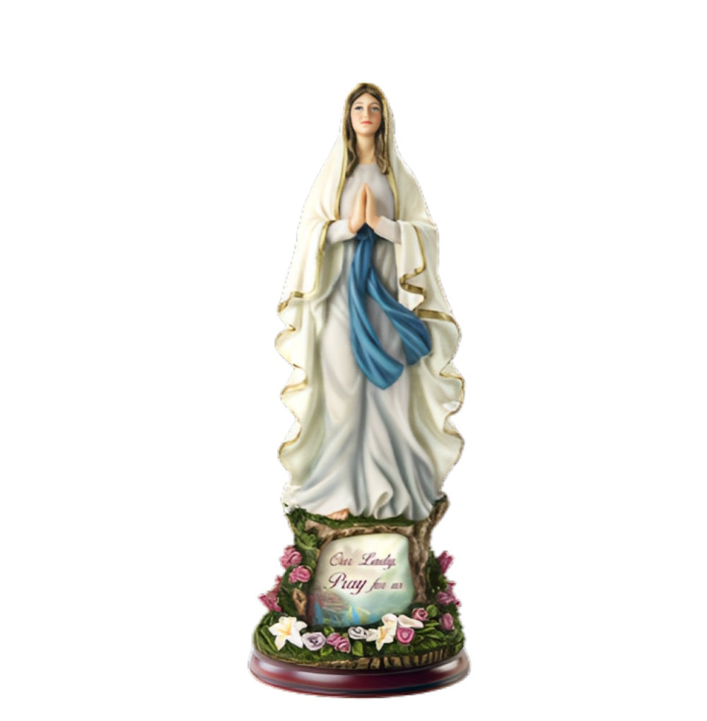 The Bradford Exchange Blessed Mother Sculpture Collection Issue #2 Our Lady, Pray For Us St. Mary Sculpture Religious Handcrafted Detail, Hand-Painted Flowers & Illuminating by Thomas Kinkade 9-Inches - RCE Global Solutions