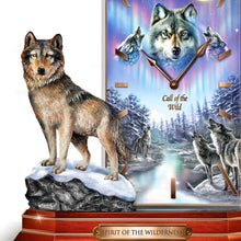 Load image into Gallery viewer, The Bradford Exchange Call of the Wild Wolf Aurora Borealis Sculptural LED Quartz Clock by James Meger 9.5-inches
