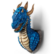 Load image into Gallery viewer, The Bradford Exchange Mystic Legends Illuminated Dragon Collection Bahamut Wall Sculpture Blue Dragon Head Bust Hand-Painted Fantasy Wall Art with Glowing LED Mouth and Spine Shield Mount 9-inches
