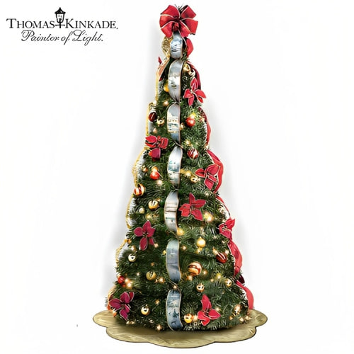 The Bradford Exchange Thomas Kinkade Wondrous Winter Pre Lit Pull Up Christmas Tree Assembles in 3 Easy Steps Pre Decorated with Kinkade Art Ribbons 46 Ornaments and 200 Clear Lights Holiday Decor 6ft - RCE Global Solutions
