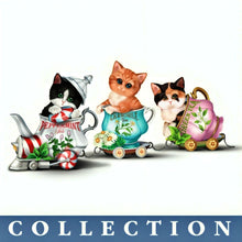 Load image into Gallery viewer, The Hamilton Collection Green Kit Tea Cute-Tea Express Cat Figurine Collection Issue #3 Handcrafted and Hand Painted by Kayomi Harai 3.5-inches
